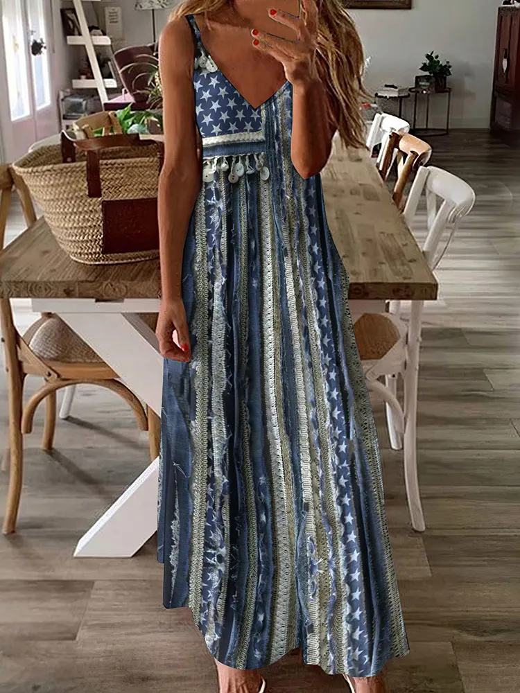 Vintage Independence Day Flag Western Tassel Print Slip Maxi Dress