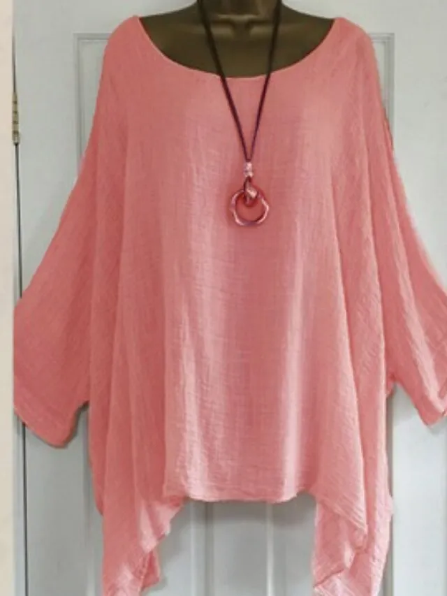 Women's Plus Size Shirt Blouse Black White Pink Plain Asymmetric 3/4 Length Sleeve Daily Vacation Going out Streetwear Daily Casual Boat Neck Regular Fit Spring Fall Fall & Winter