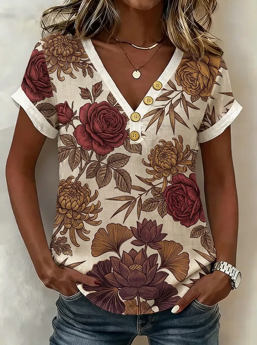 Women's Nashville Floral Rose Lotus Printed V-Neck Button Top