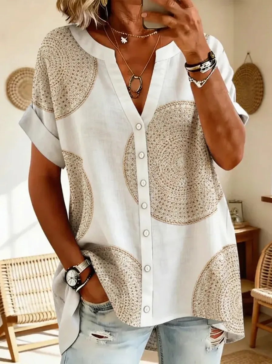 Women's Nashville Themed Crochet Circle Pattern Printed V-Neck Shirt