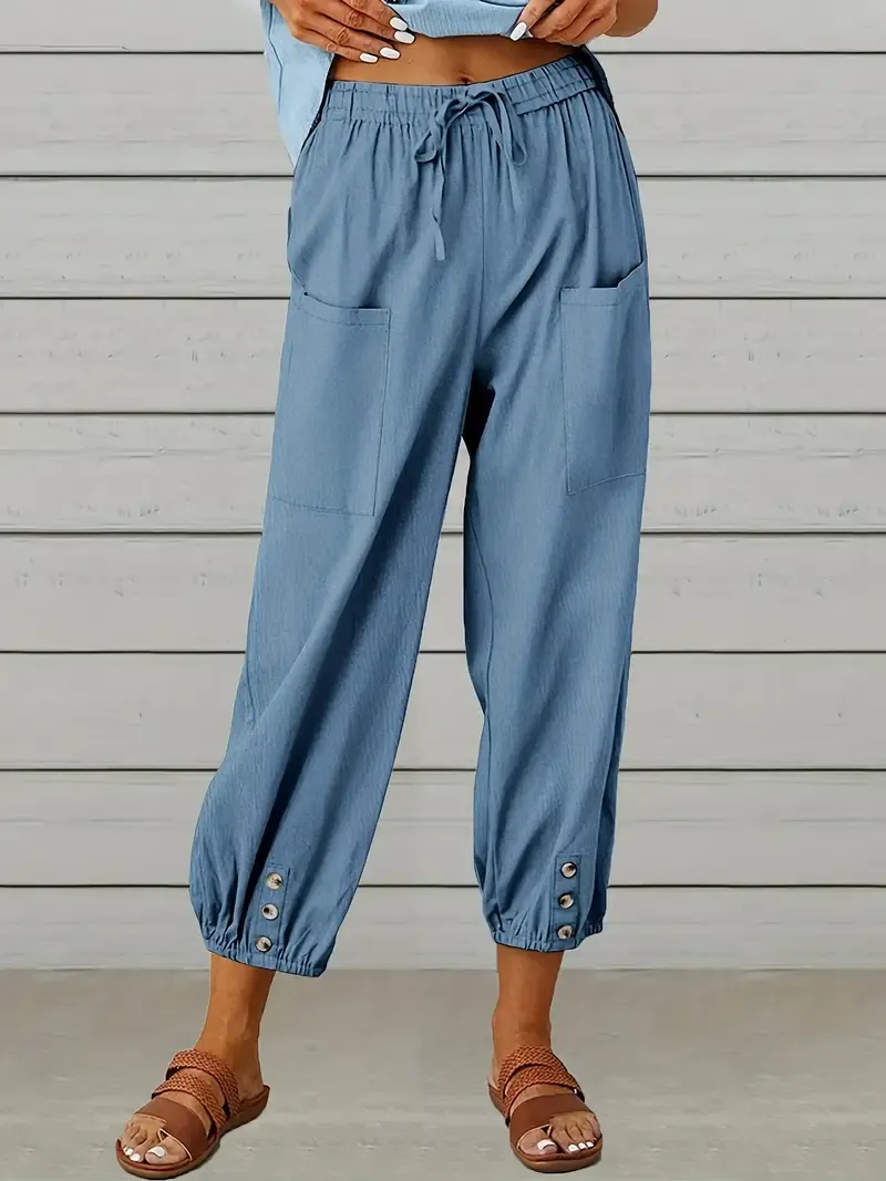Wide Leg Capri Pants with Drawstring Waist, Loose Casual Women's Pants