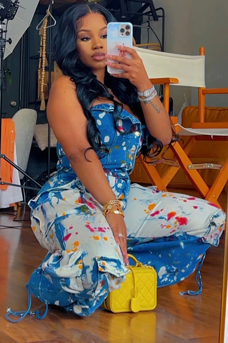 Denim Strapless Splash Ink Print Straight Leg Cargo Jumpsuit-Blue