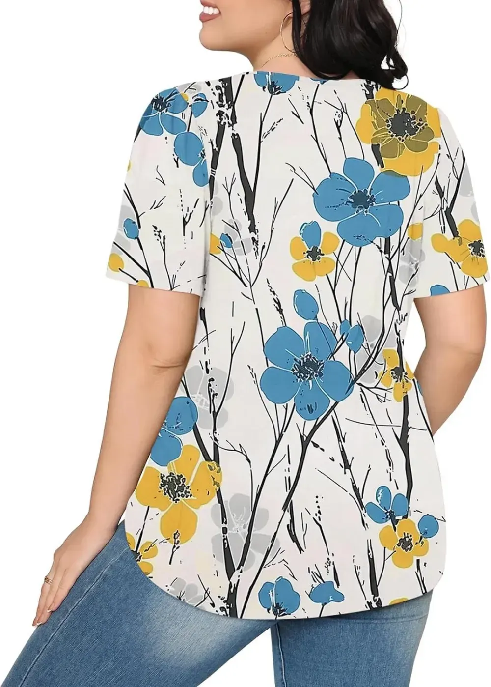 Womens Summer Pleated Front Shirts Tunics Casual Short Sleeved Loose Round Neck Boho Printed Tops Vacation Blouse