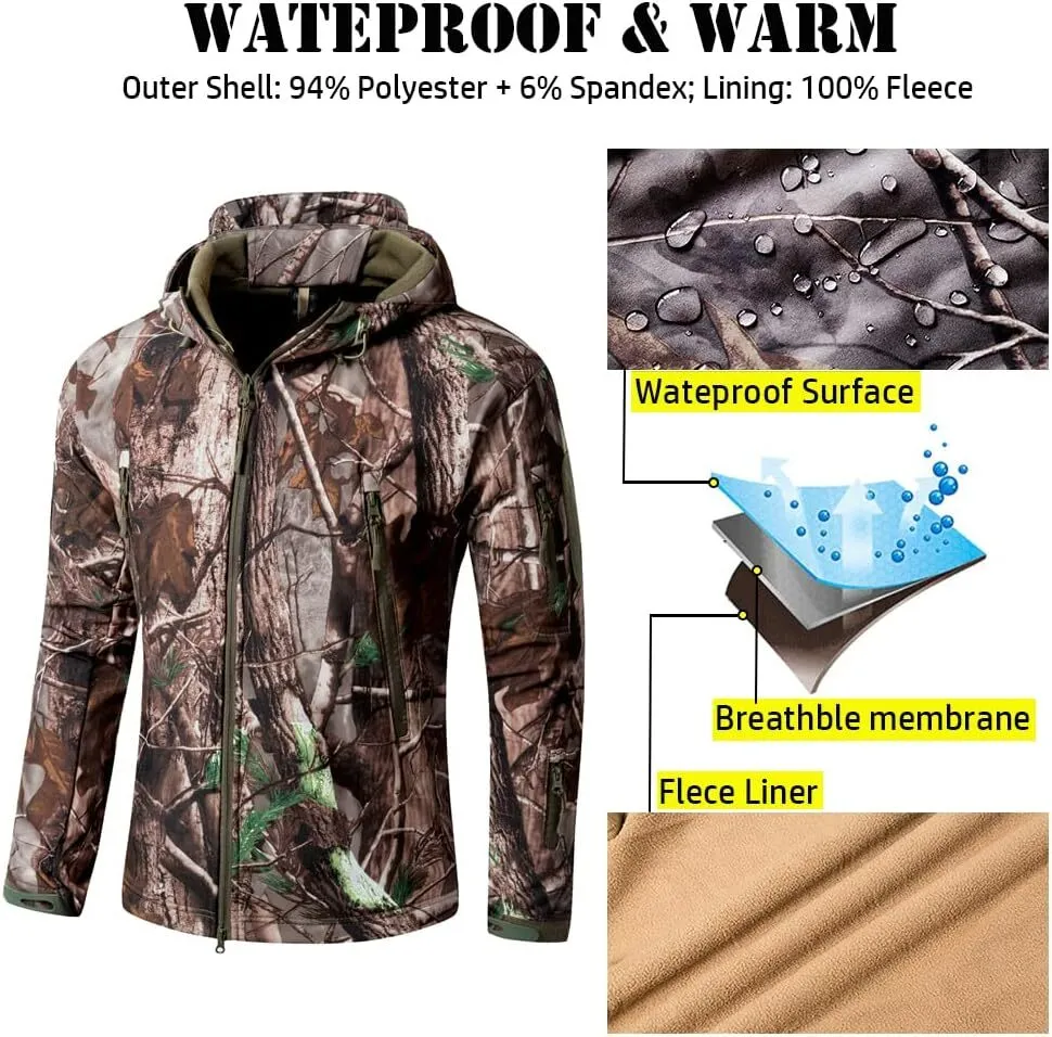 Men's Soft Shell Military Tactical Jacket Outdoor Camouflage Hunting Fleece Hooded Coat
