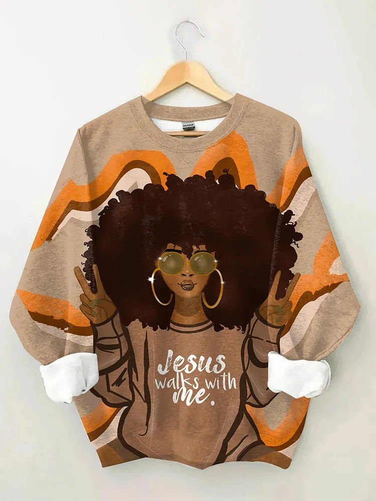 Afro Girl Jesus Walks With Me Long Sleeve Sweatshirt