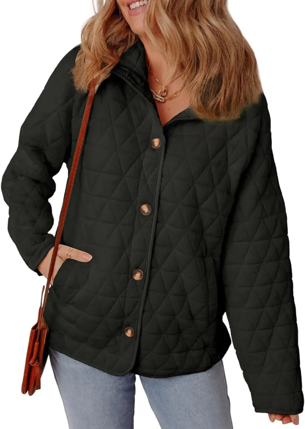 Women's Lightweight Diamond Quilted Jacket Casual Winter Open Front Button Down Puffer Coat Outwear Cardigan