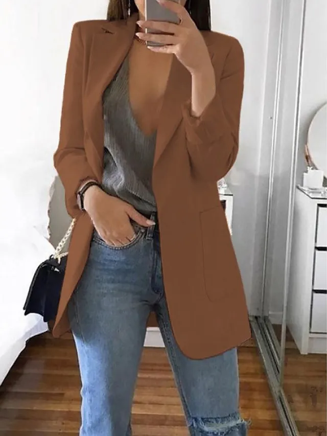Women's Blazer Casual Pocket Clean Fit Formal Outdoor Daily Wear Polyester Spring Wine Green Black Open Front V Neck Regular Fit S M L XL XXL 3XL / Solid Color