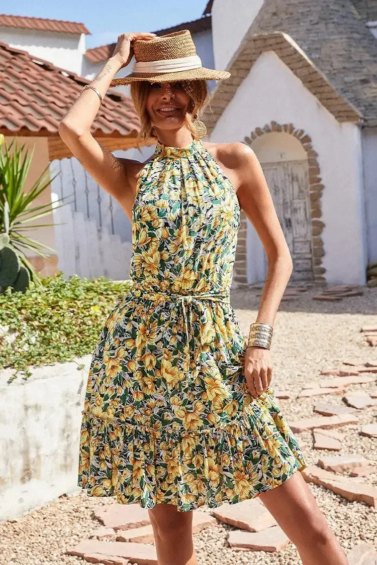 Halter Neck Summer Loose Sleeveless  Ruffle Belt Boho Floral Dress