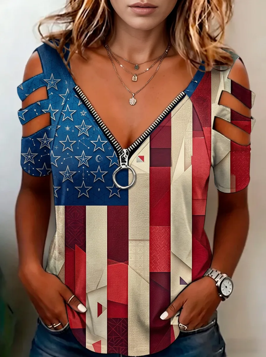 Women's Nashville USA Flag Star Pattern Printed Cold Shoulder Zipper Top