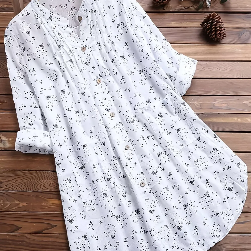 Plus Size Cotton Floral Print Long Sleeve Midi Top, Women's Plus Casual Button Front T-shirt