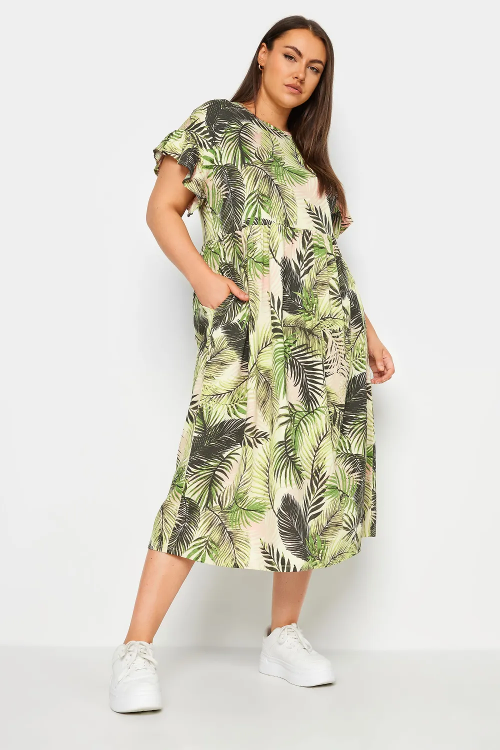 YOURS Curve Green Tropical Print Pure Cotton Midaxi Dress