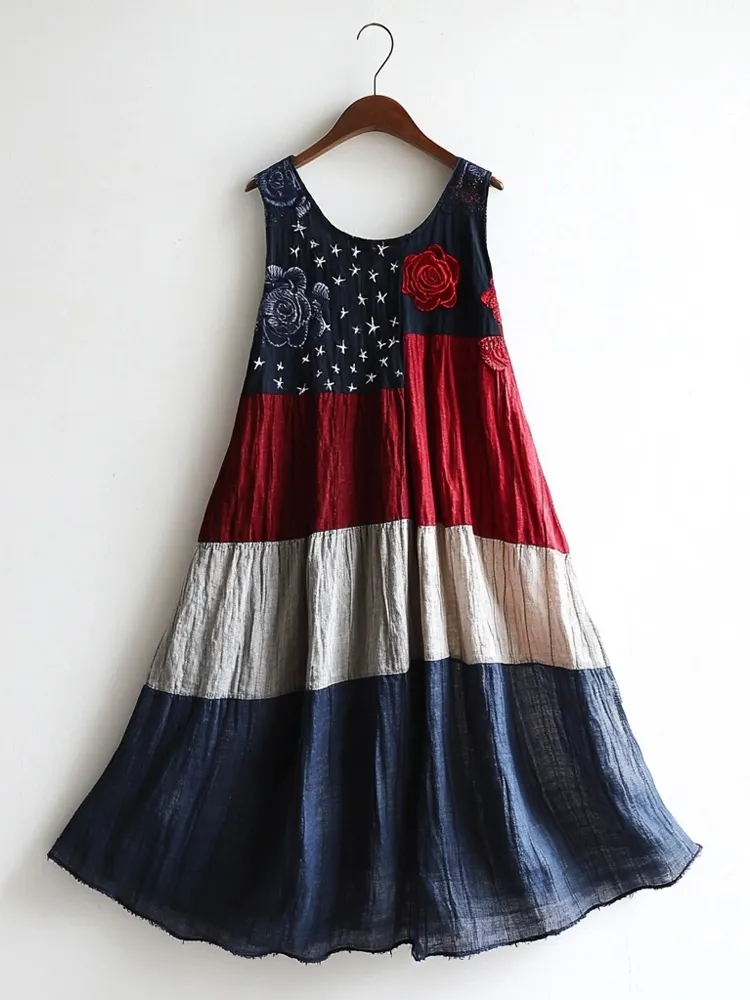 Vintage Flag Inspired Rose Embroidered Linen Tank Dress