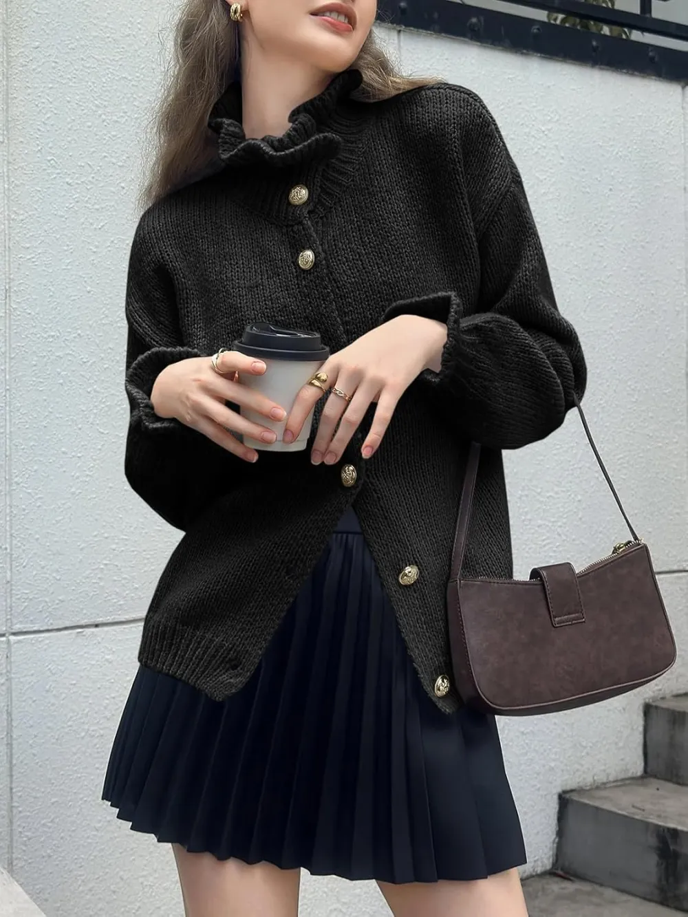 🎄Hot Sale Ruffle Cardigan Oversized Button Up Ribbed Knit Open Front Long Sleeve Loose Sweater