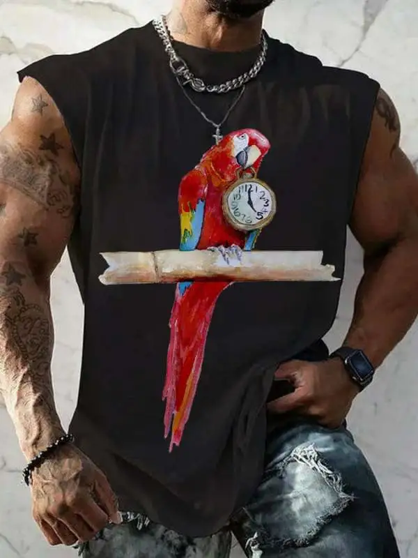 Men's 5 O'clock Parrot Print Round Neck Tank Top