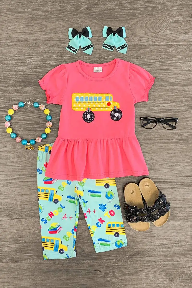Pink School Bus & Back To School Capri Set