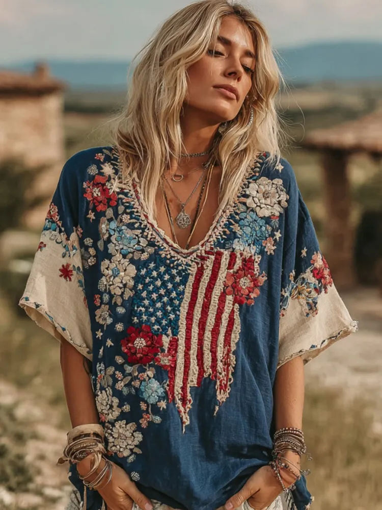 Women's Vintage Independence Day Flag Floral Embroidery V-neck T-shirt