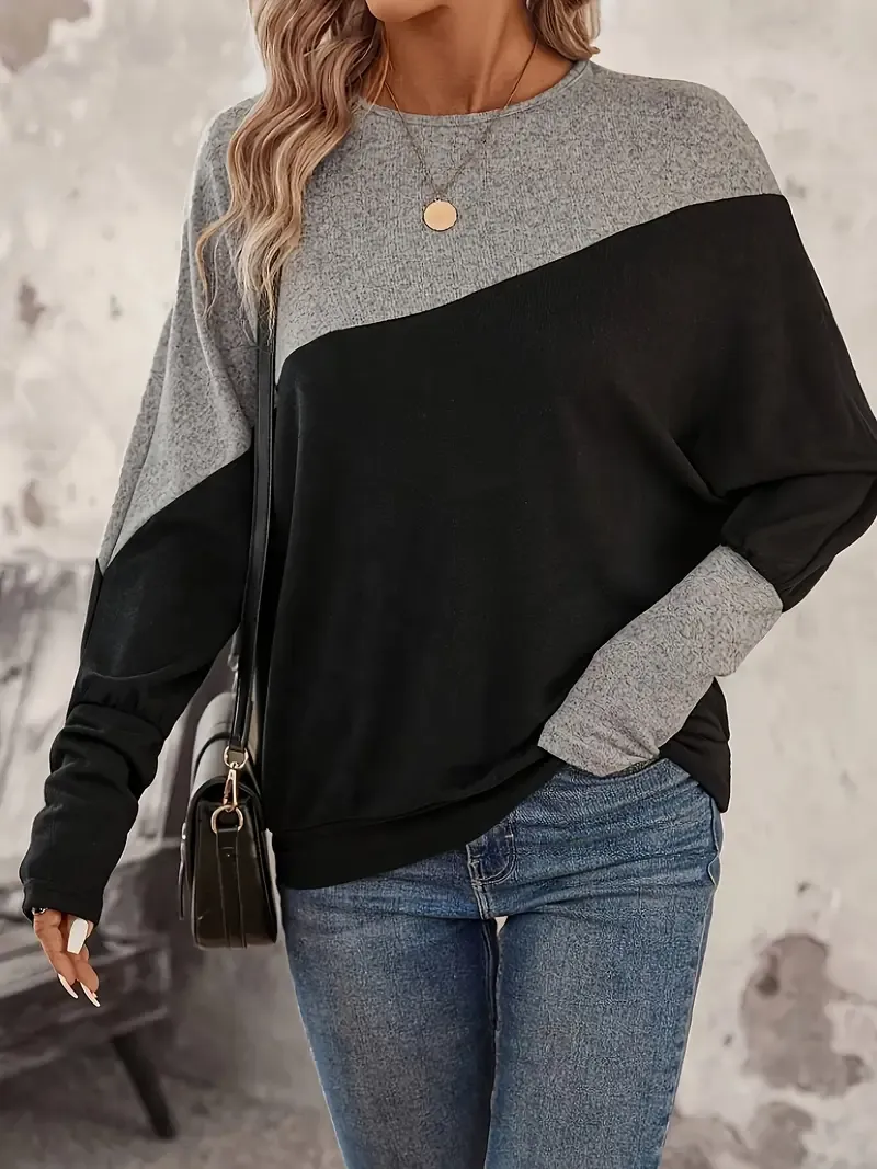 Color-Blocked Long-Sleeve Crew Neck Top
