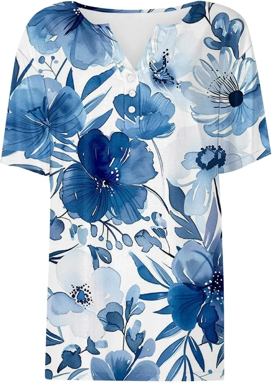 Shirts for Women Casual Printed Summer Tops Short-Sleeved Button V-Neck Tops Blouse Fashion Boho T-Shirts
