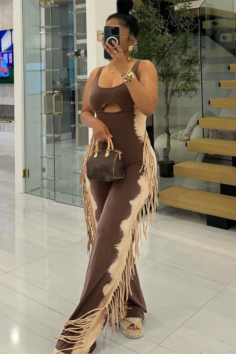 U Neck Cutout Wide Leg Side Fringed Sleeveless Jumpsuit-Grey