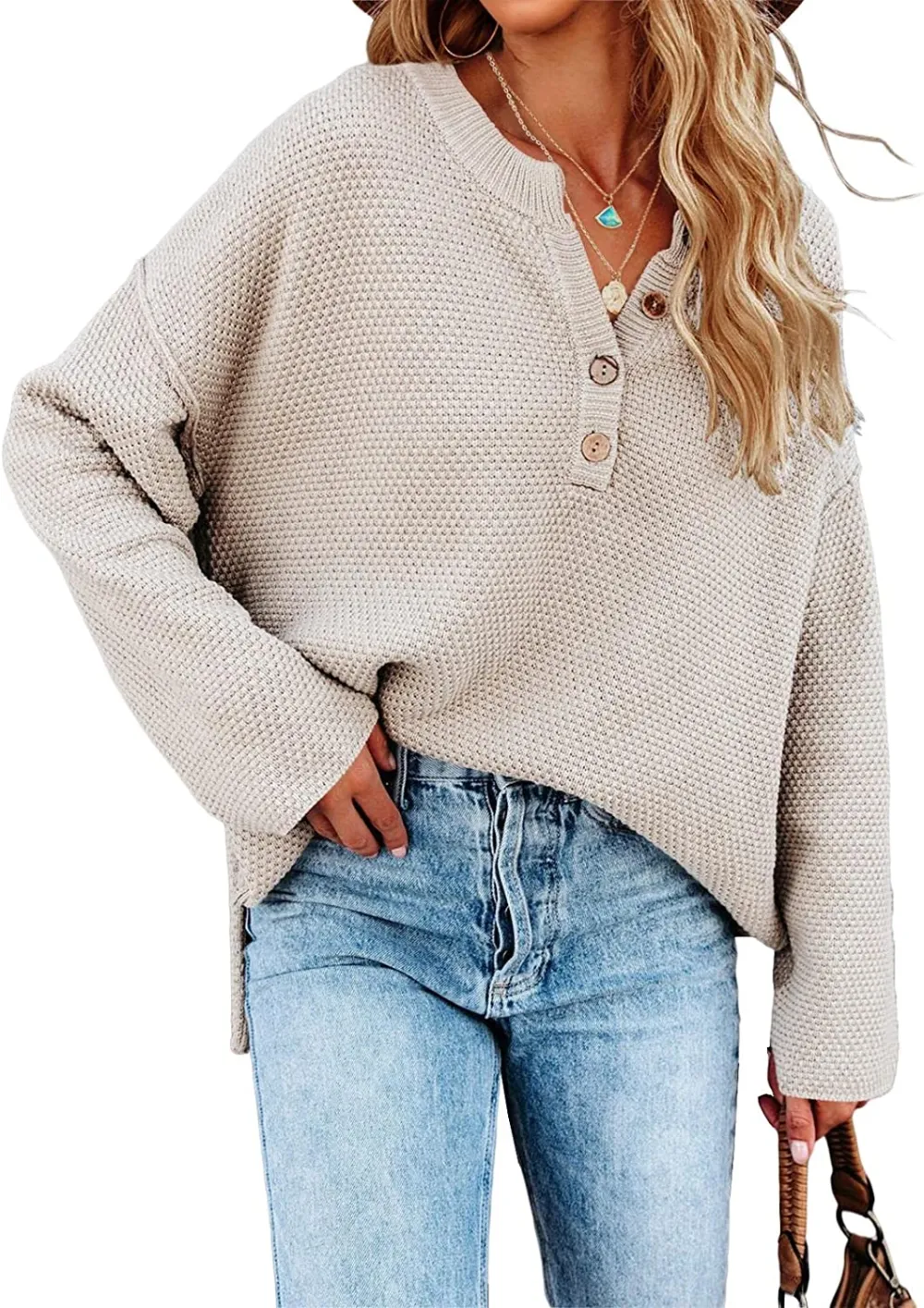 Women's Oversized Sweaters Batwing Long Sleeve Loose V Neck Button Henley Tops Pullover Knit Jumper