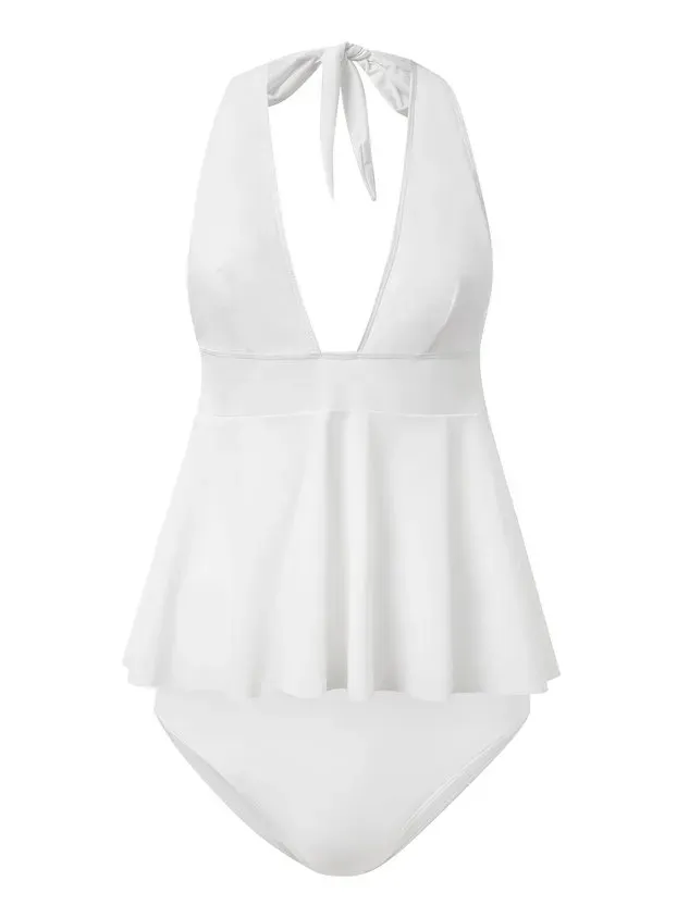 Vacation Plain Flouncing V neck Tankinis Two-Piece Set
