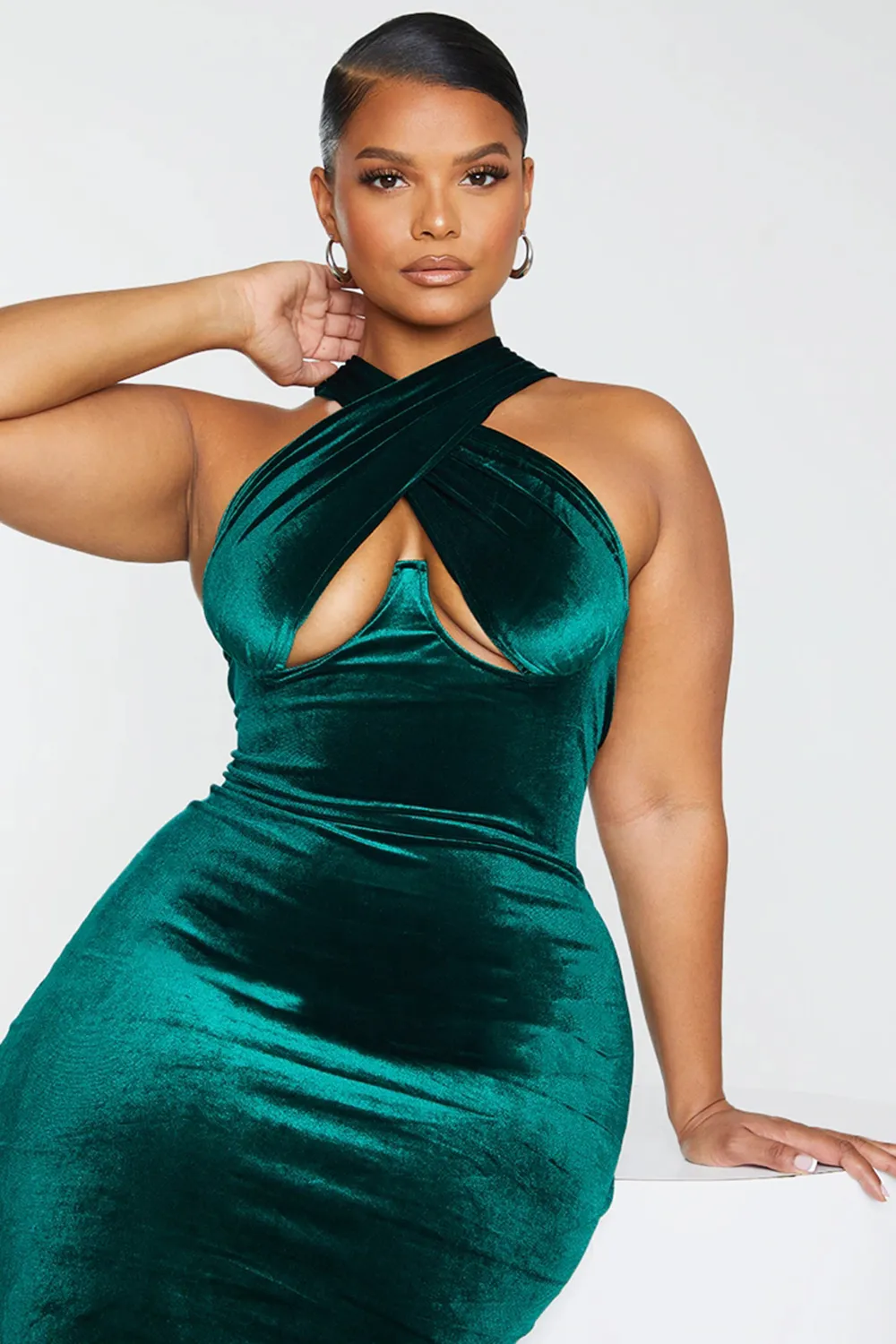 Plus Black Velvet Underwired Cross Front Midi Dress