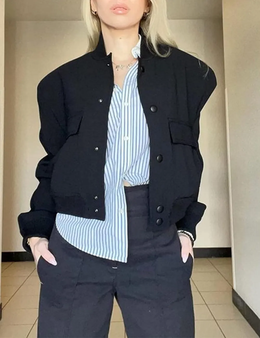 Womens Cropped Bomber Jacket Button Down Varsity Jackets Shackets With Pockets