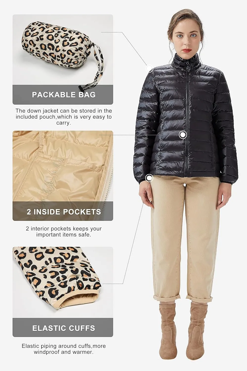 Women's Lightweight Packable Down Jacket Quilted Puffer Coat with Stand Collar