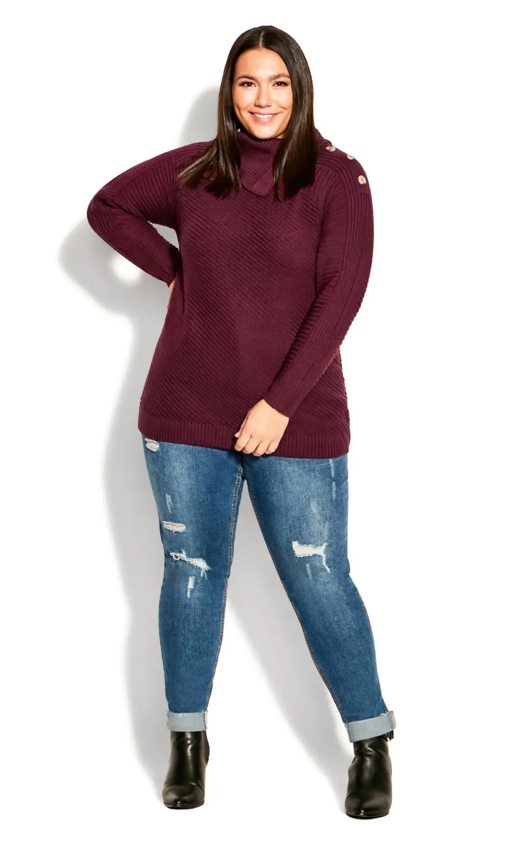 Evans Plum Turtle Neck Button Detail Jumper
