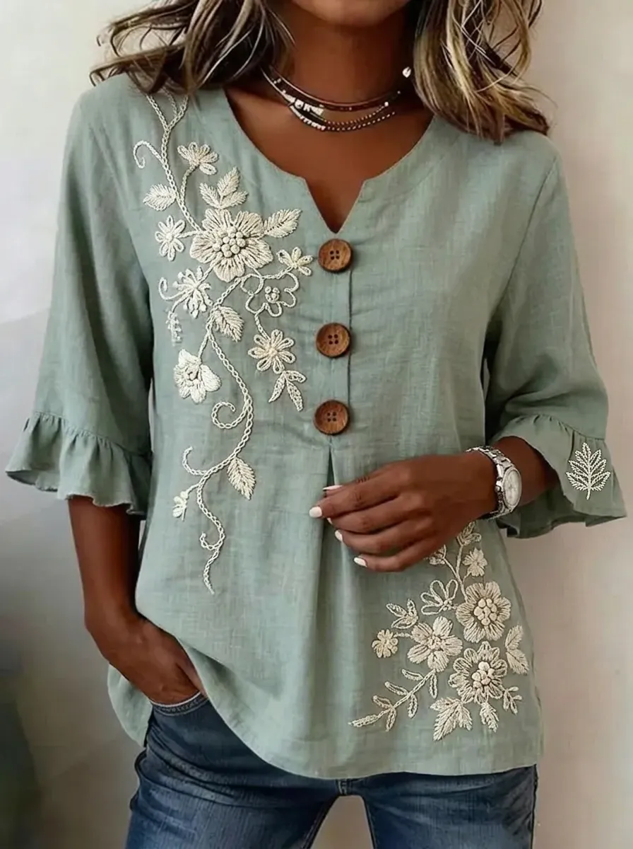 Women's Nashville Floral Embroidery Printed V-Neck Top