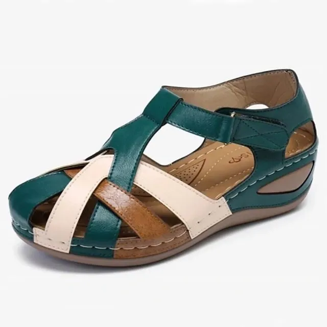 Women's Sandals Wedge Sandals Comfort Shoes Plus Size Outdoor Office Daily Summer Buckle Wedge Heel Round Toe Closed Toe Classic Casual Walking Shoes PU Leather Faux Leather Magic Tape Color Block