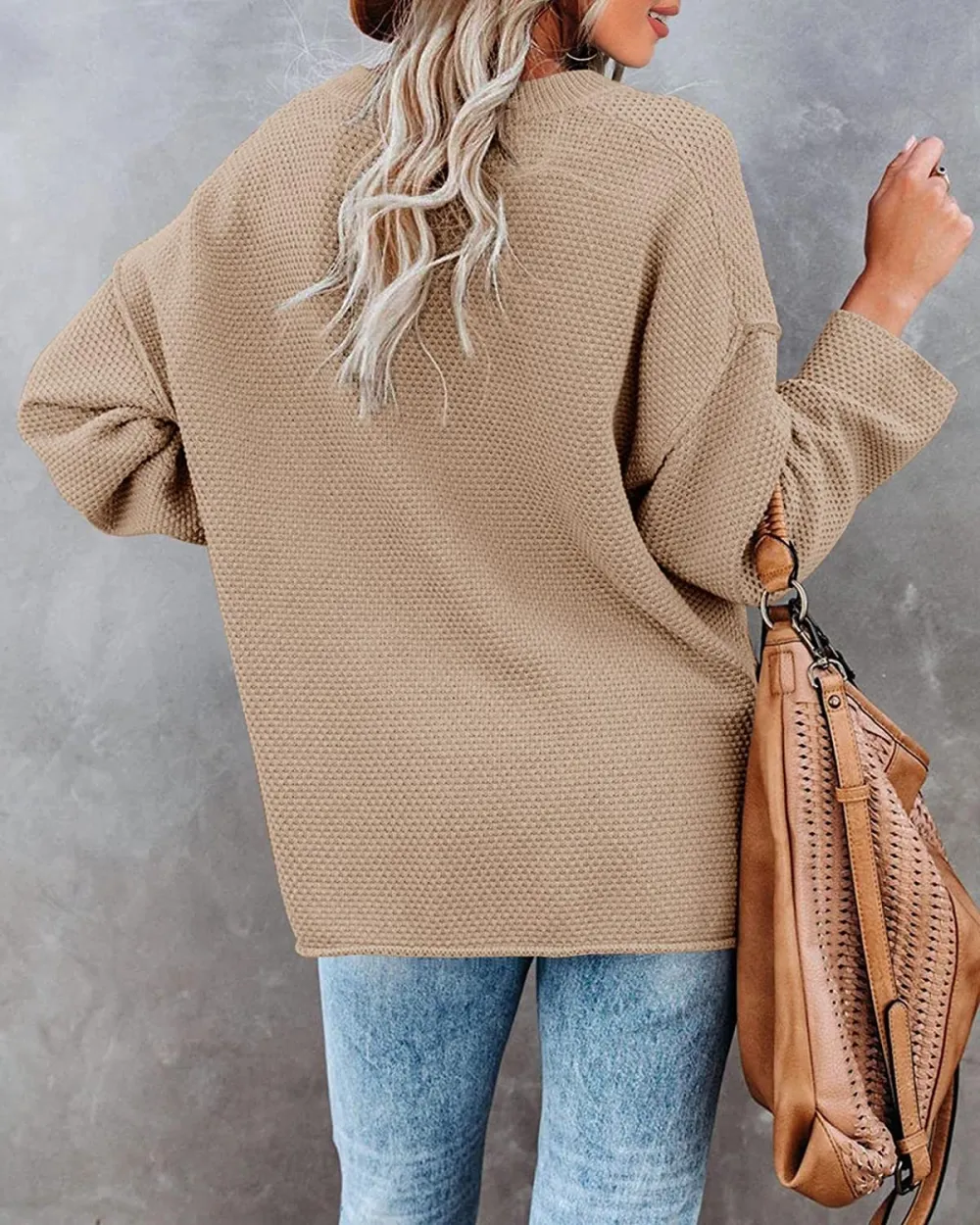 Women's Oversized Sweaters Batwing Long Sleeve Loose V Neck Button Henley Tops Pullover Knit Jumper