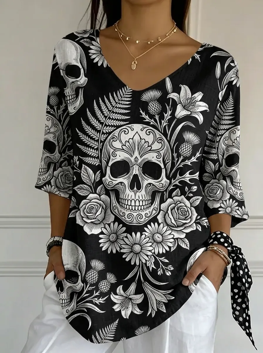 Women's Nashville Gothic Skull Floral Printed V-neck Top