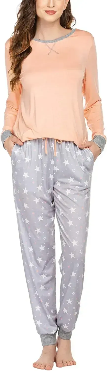 Women's Pajamas Sets Long Sleeve with Plaid Pants Soft Sleepwear O Neck 2 Piece Pjs Joggers Loung Set with Pockets