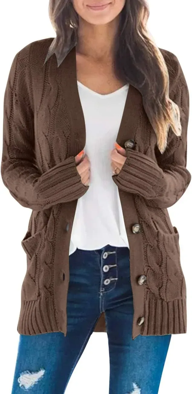 MEROKEETY Women's 2024 Fall Long Sleeve Cable Knit Sweater Open Front Cardigan Button Loose Outerwear
