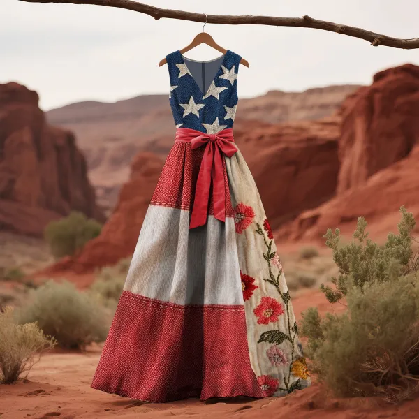 Women's Vintage Independence Day Flag Floral Sleeveless Dress