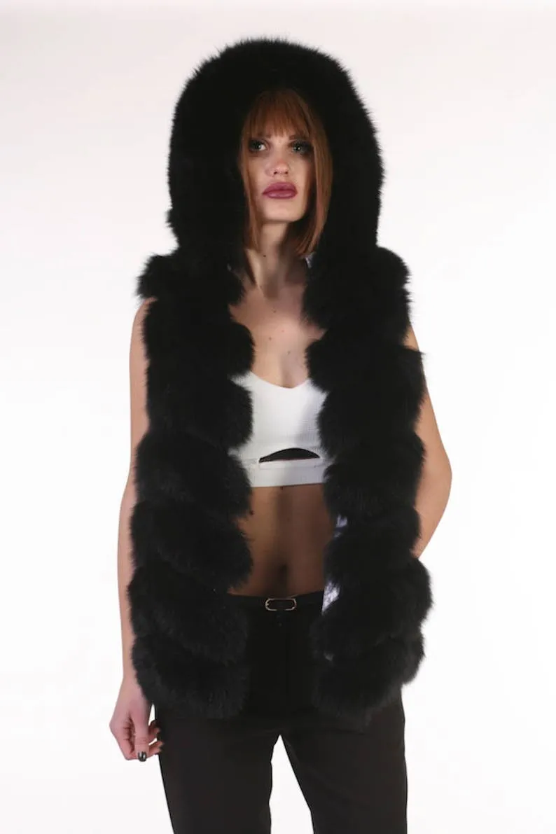 Black  Fox Fur vest hooded Women’s