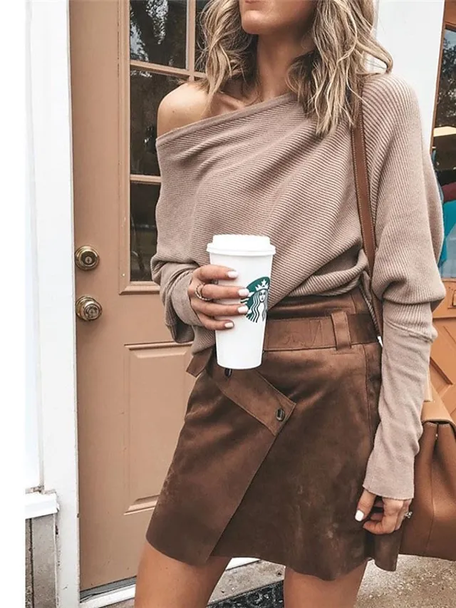 Women's Pullover Sweater jumper Jumper Knit Knitted Solid Color Boat Neck Basic Stylish Outdoor Home Winter Fall Gray White S M L / Long Sleeve / Casual / Going out / Loose Fit