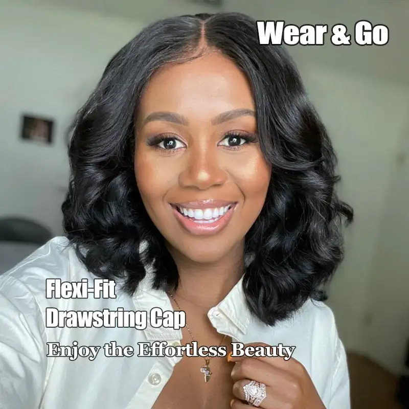 Glueless #1 Jet Black Flexi-Fit Invisi Drawstring Cap Elegance Loose Deep Wave Bob Wig Human Hair Wigs