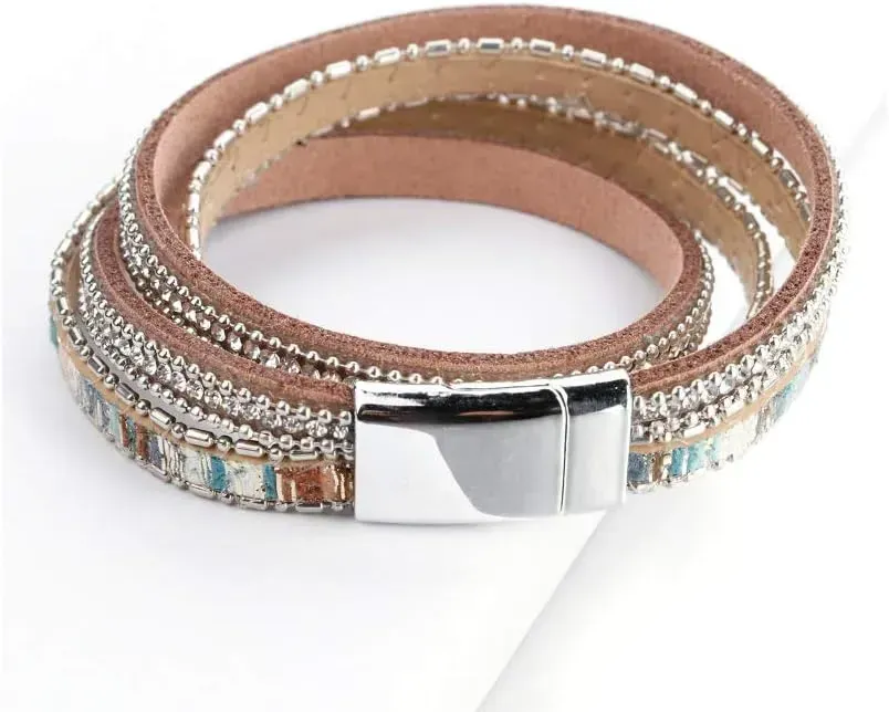 Fesciory Leather Wrap Bracelets for Women, Boho Leopard Multi-Layer Crystal Beads Cuff Bracelet Jewelry