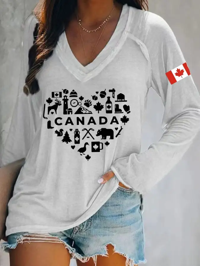 Women's Canadian Flag Heart Print T-Shirt