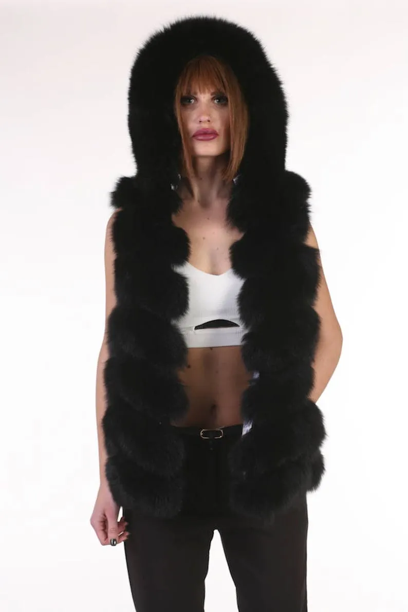 Black  Fox Fur vest hooded Women’s