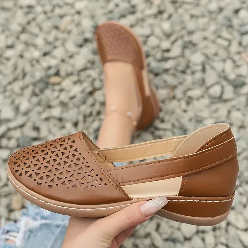 Women's Hollow Out Flat Sandals, Solid Color Cut-out Closed Toe Slip On Shoes, Casual Faux Leather Shoes
