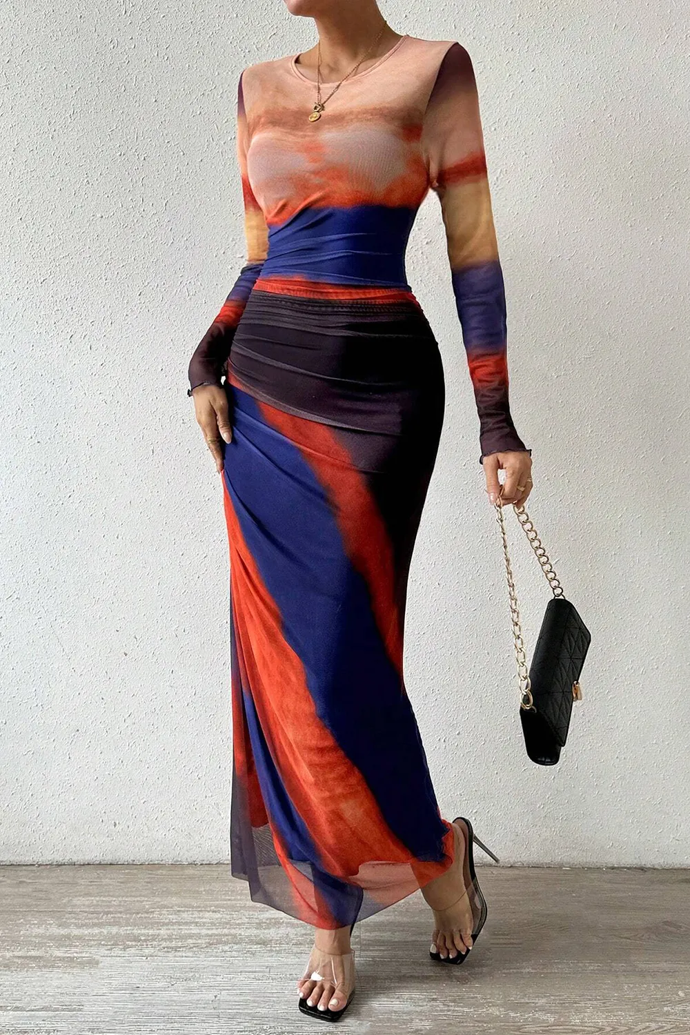 Women's Tie Dye Long Sleeve Pleated Dress