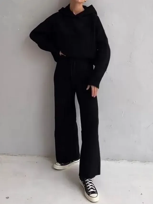 Women's Fashion Streetwear Daily Hoodie Sweatpants Long Sleeve Crew Neck Plain Drawstring Casual Daily Black White Blue Fall Regular Fit