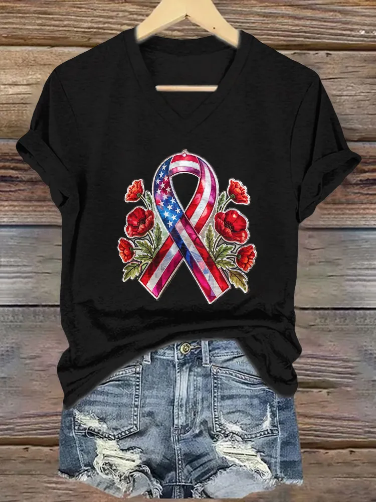 Women'S T-Shirt With Pattern Printing, Pure Cotton V-Neck Short-Sleeved T-Shirt