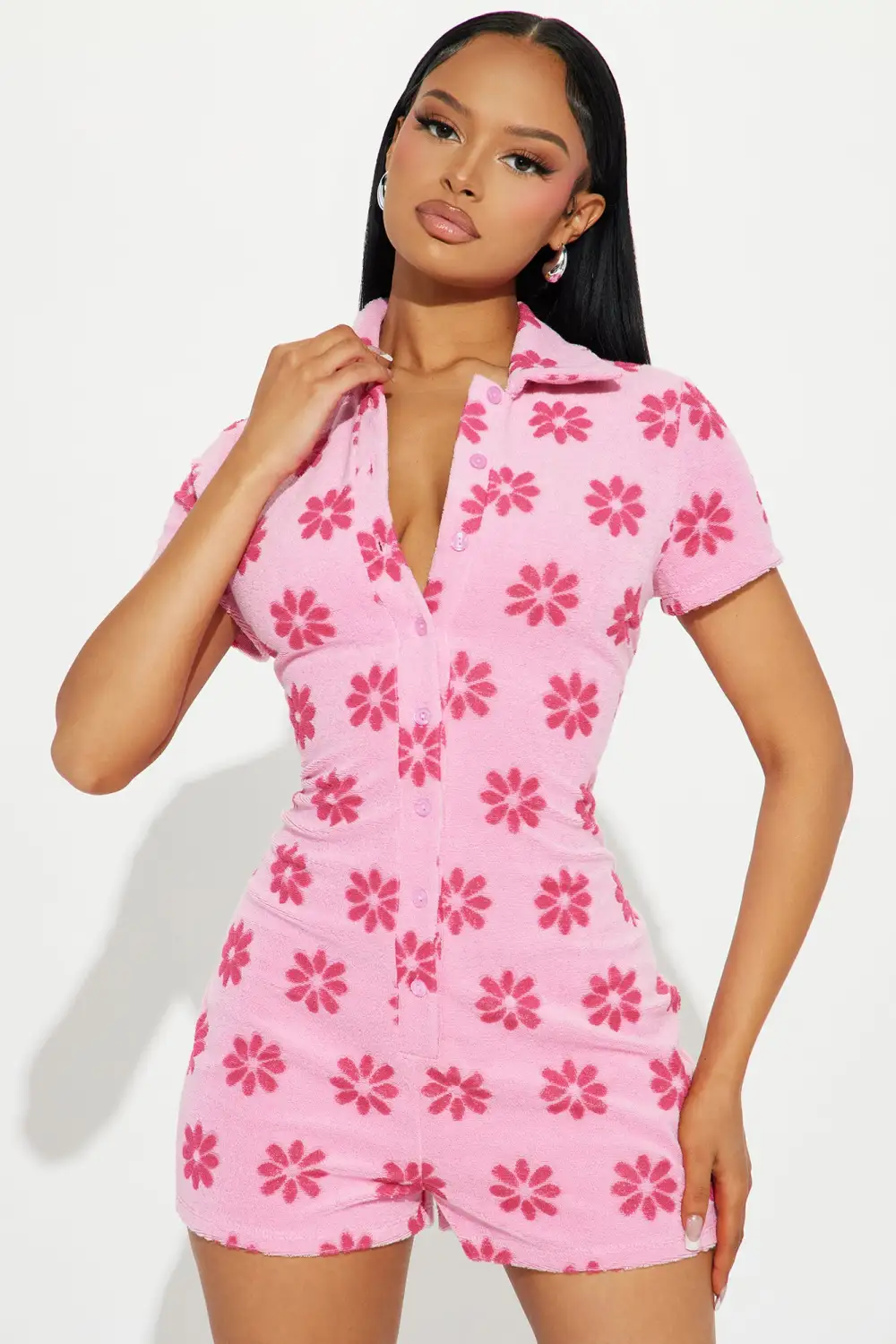 Flower Fields Terry Cloth Romper - Pink/combo