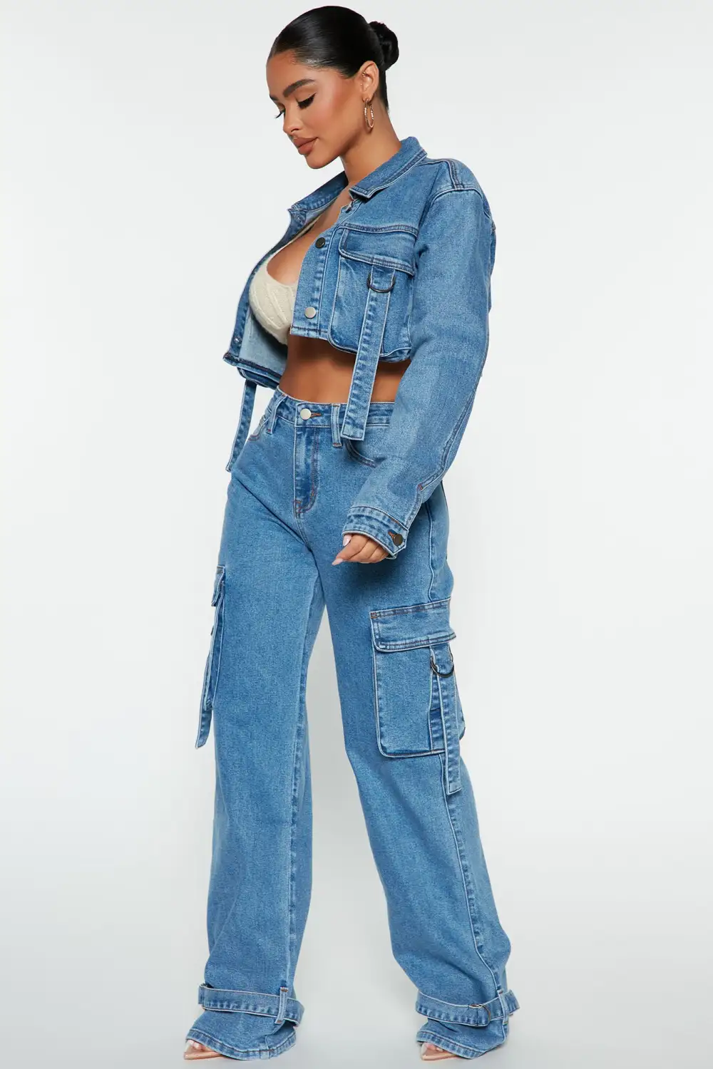 Love Hurts Ankle Strap Cargo Jeans - Medium Blue Wash