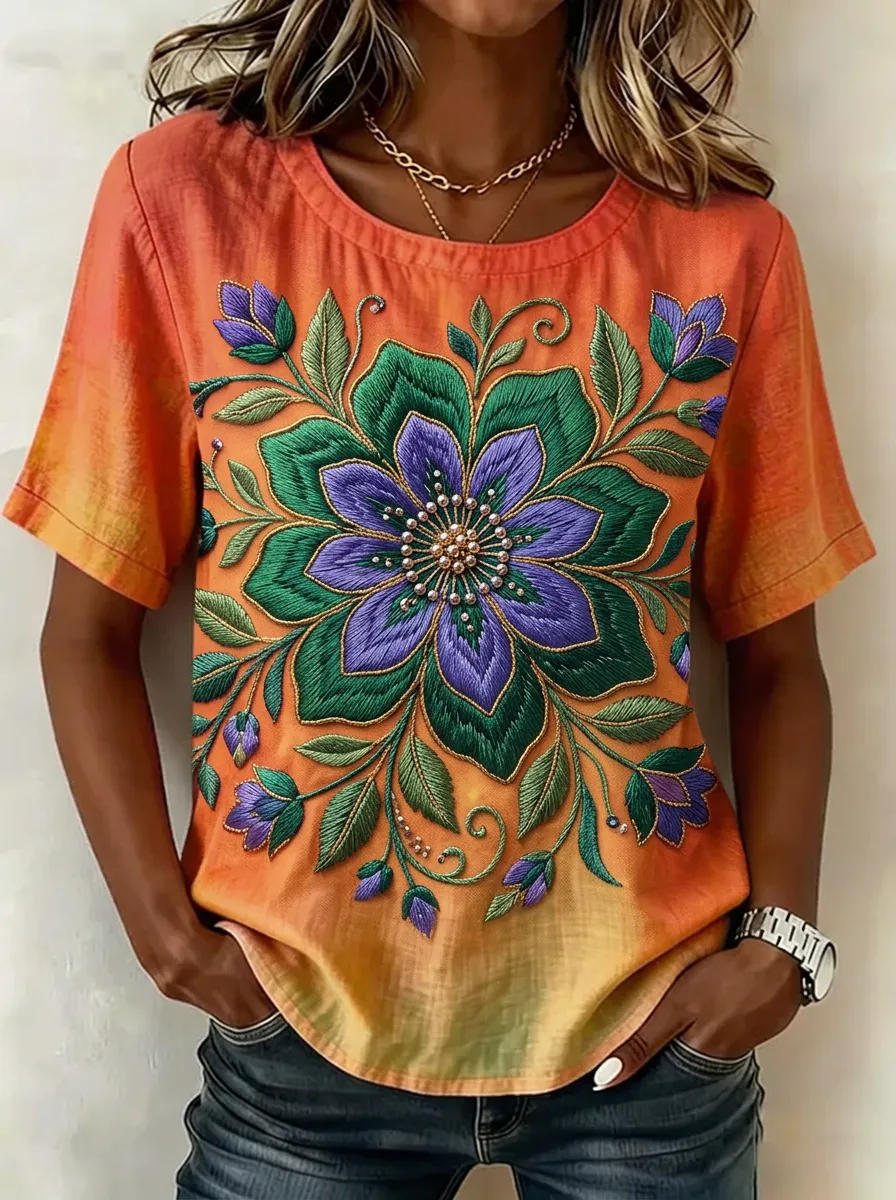 Women's Nashville Floral Embroidery Style Printed T-shirt