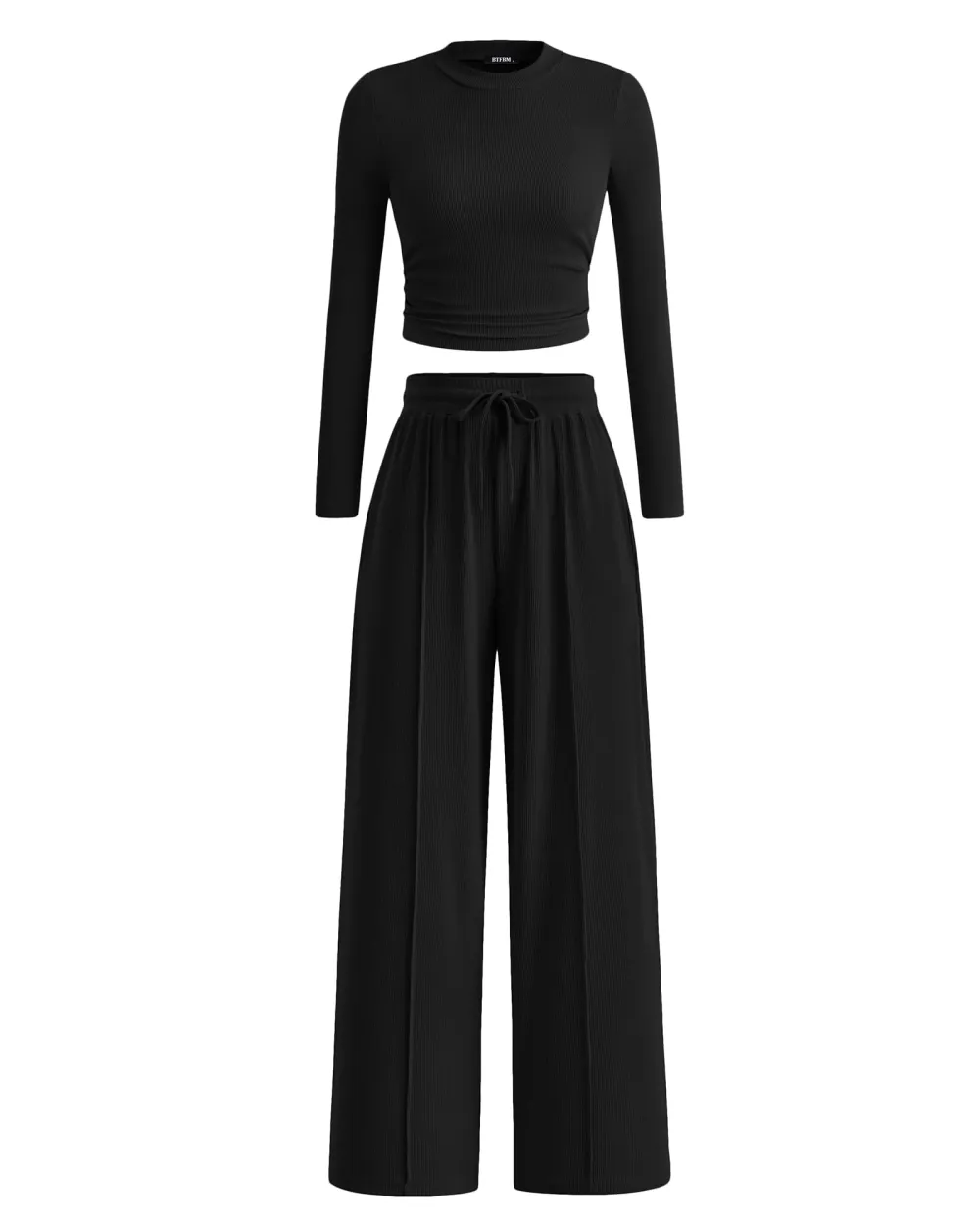 Women's 2-Piece Ribbed Knit Long Sleeve Crop Top Wide Leg Pants Matching Lounge Set Loungewear